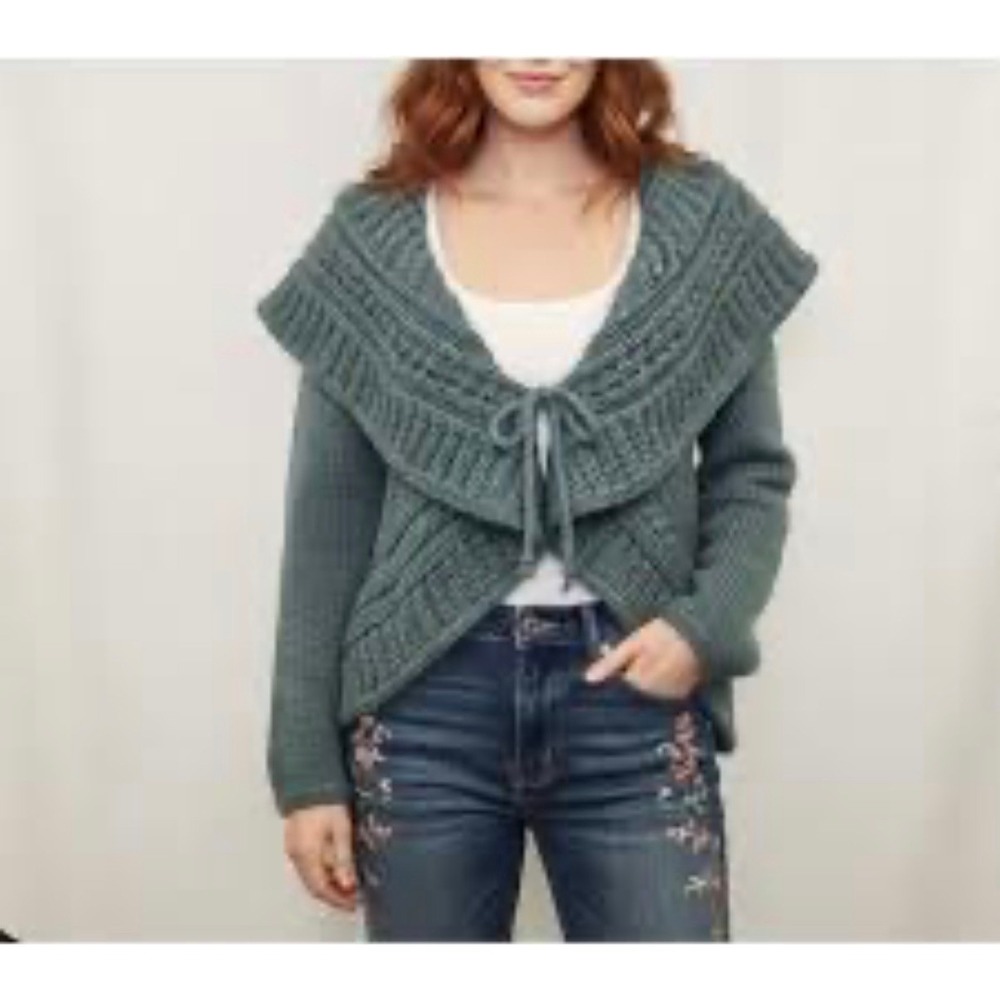 Elsamanda Anthropologie Cardigan L Teal Alpaca Wool Blend Cable Knit Tie Front